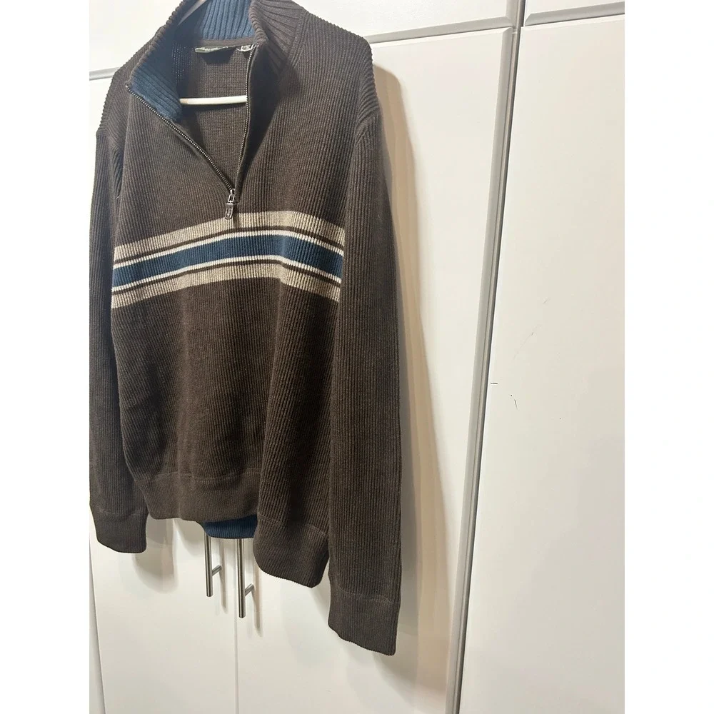 Eddie Bauer Mens XL Brown Striped Quarter Zip Ribbed Knit‎ Pullover Sweater